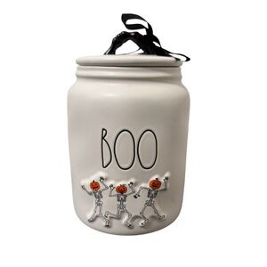Rae Dunn Artisan Halloween BOO‎ Jar Pumpkin Skeletons Ceramic Canister